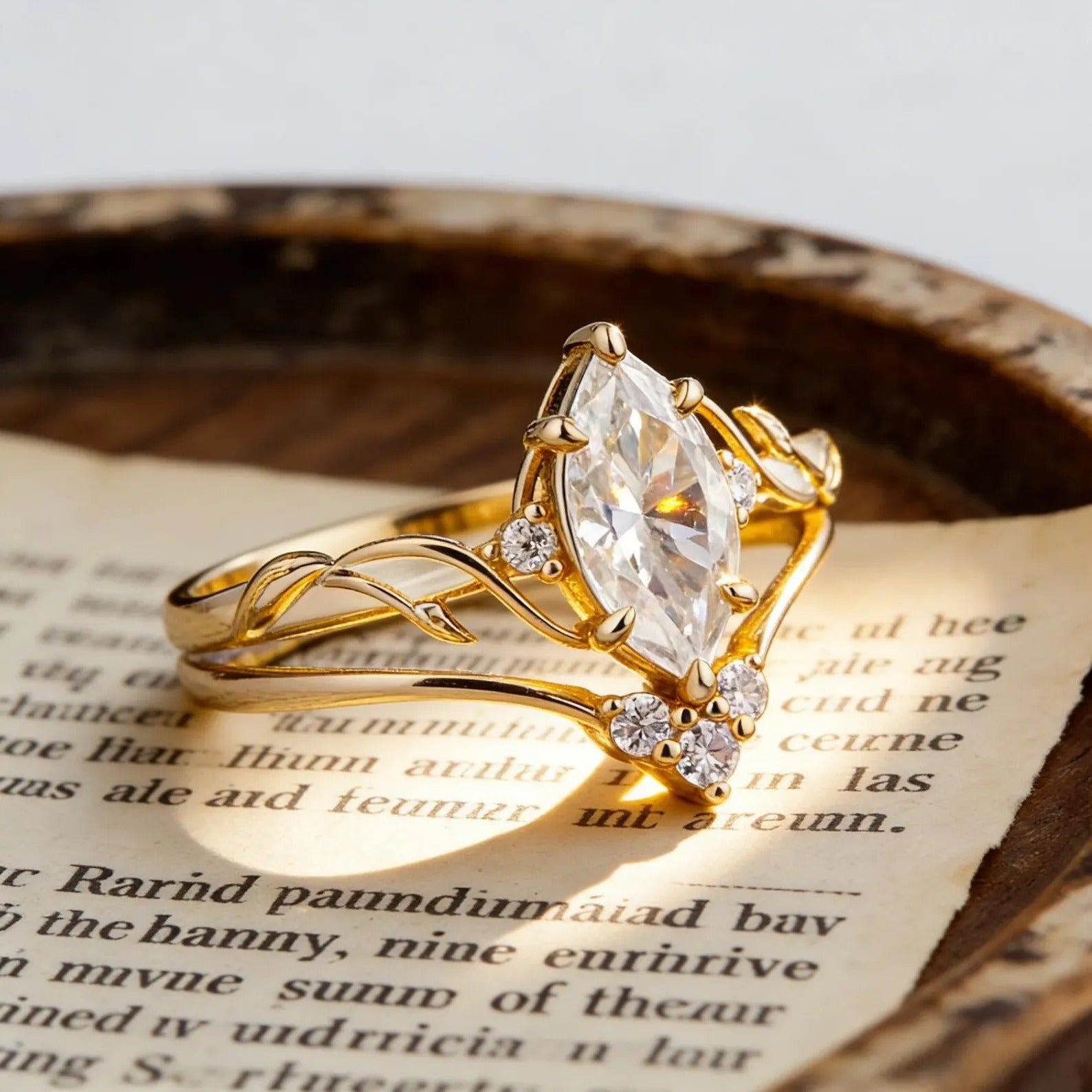 Marquise Moissanite Engagement Ring Set, Nature Inspired Leaf Vine Bridal Ring Set, Vintage Gold Wedding Ring Set, Unique Promise Ring