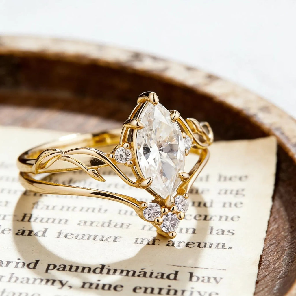Marquise Moissanite Engagement Ring Set, Nature Inspired Leaf Vine Bridal Ring Set, Vintage Gold Wedding Ring Set, Unique Promise Ring