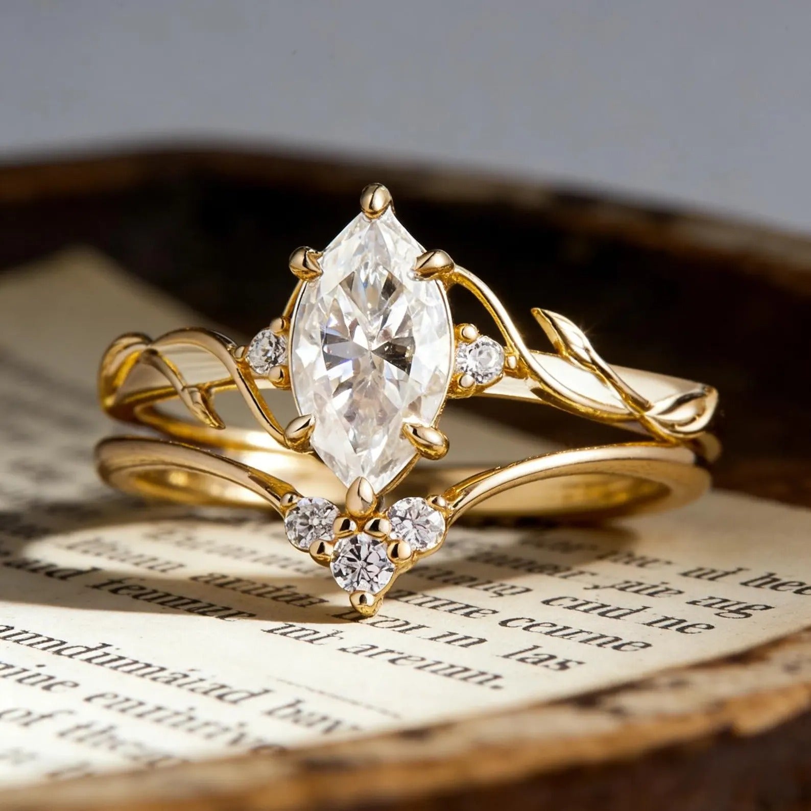 Marquise Moissanite Engagement Ring Set, Nature Inspired Leaf Vine Bridal Ring Set, Vintage Gold Wedding Ring Set, Unique Promise Ring Main image