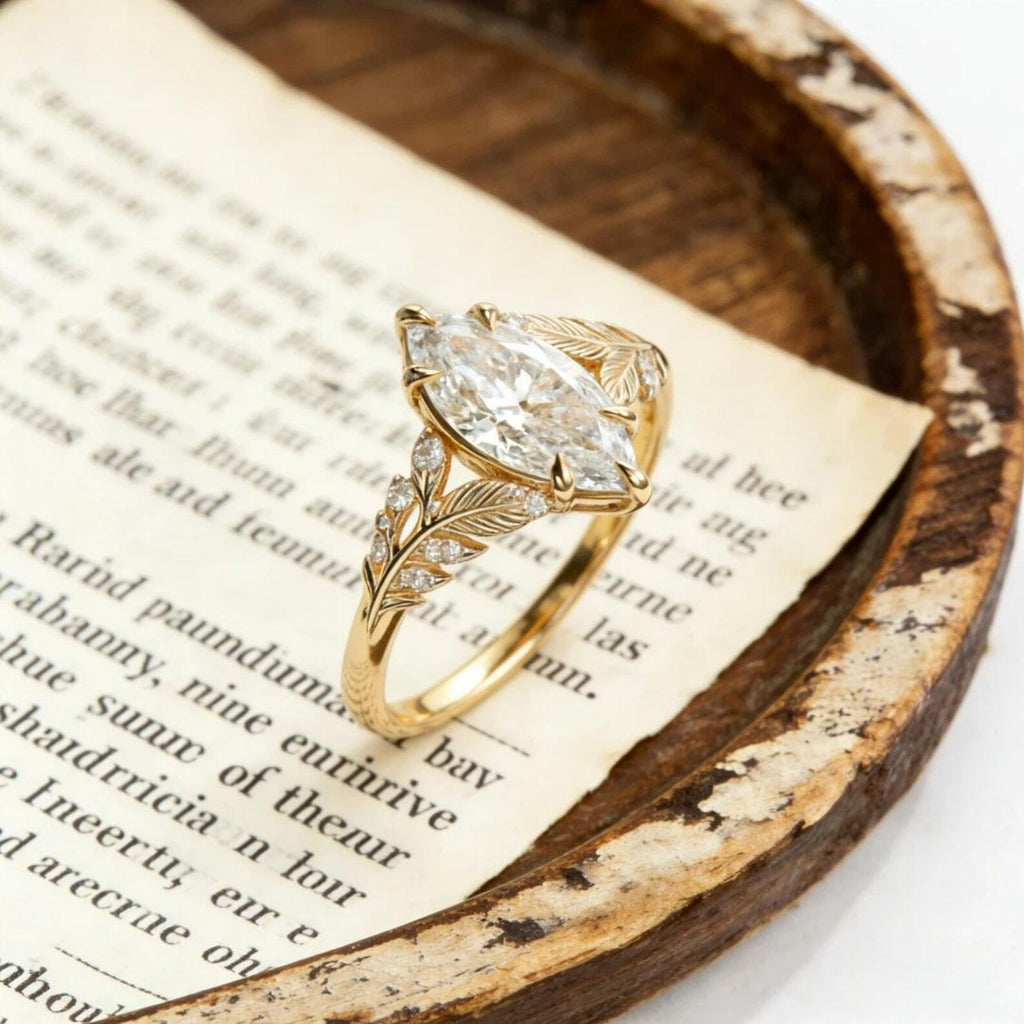 Marquise Moissanite Engagement Ring 1.5ct 14K Gold Leaf Vine Ring Nature Inspired Vintage Wedding Promise Ring for Women