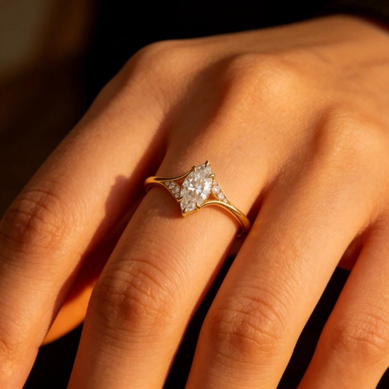 Marquise Moissanite Engagement Ring Gold Minimalist Wedding Ring for Women Unique Promise Ring Cluster Ring