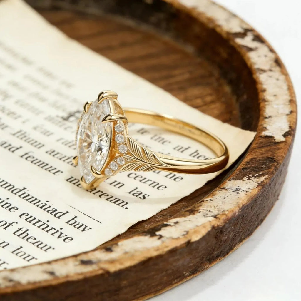 Marquise Moissanite Engagement Ring Gold Leaf Vine Bridal Ring Vintage Halo Wedding Promise Ring for Women