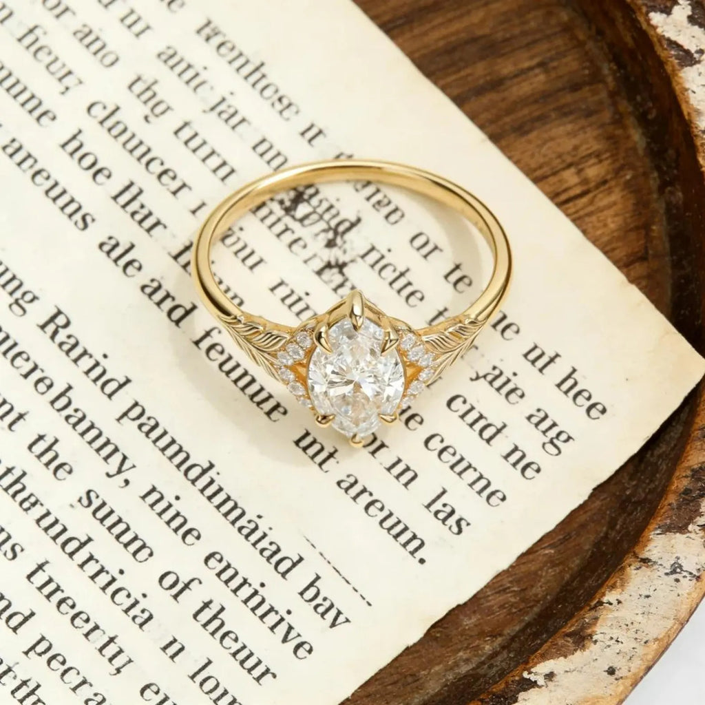 Marquise Moissanite Engagement Ring Gold Leaf Vine Bridal Ring Vintage Halo Wedding Promise Ring for Women