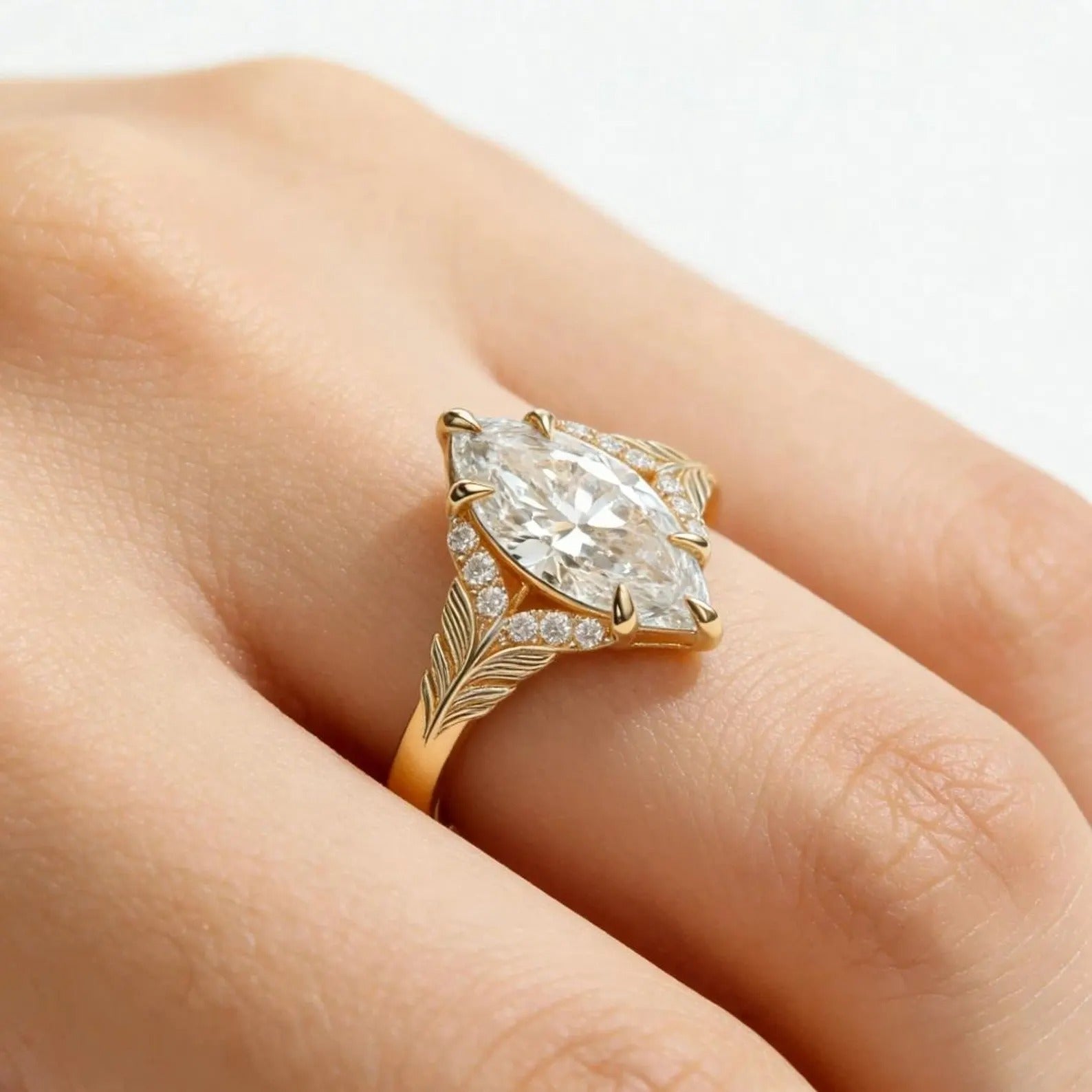 Marquise Moissanite Engagement Ring Gold Leaf Vine Bridal Ring Vintage Halo Wedding Promise Ring for Women