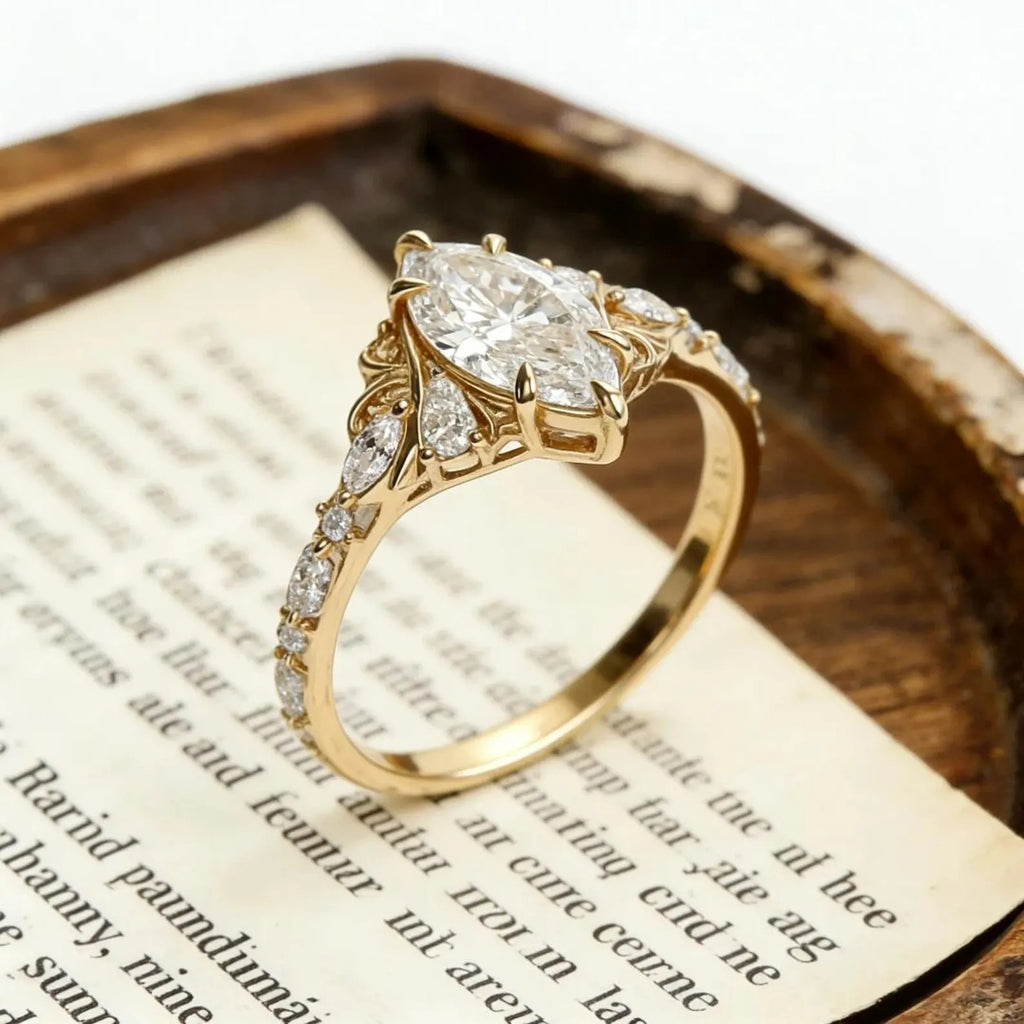 Marquise Moissanite Engagement Ring Gold Vintage Filigree Ring Antique Scroll Wedding Ring Unique Bridal Ring