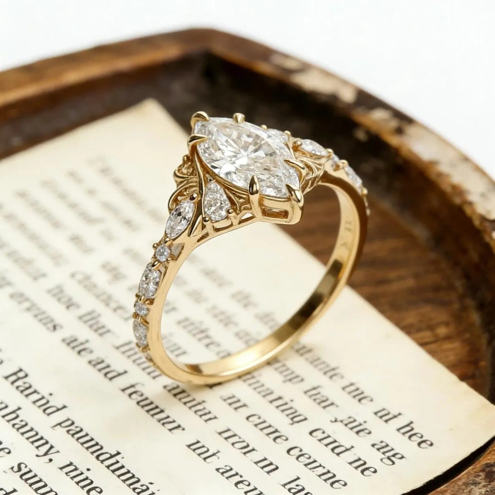 Marquise Moissanite Engagement Ring Gold Vintage Filigree Ring Antique Scroll Wedding Ring Unique Bridal Ring