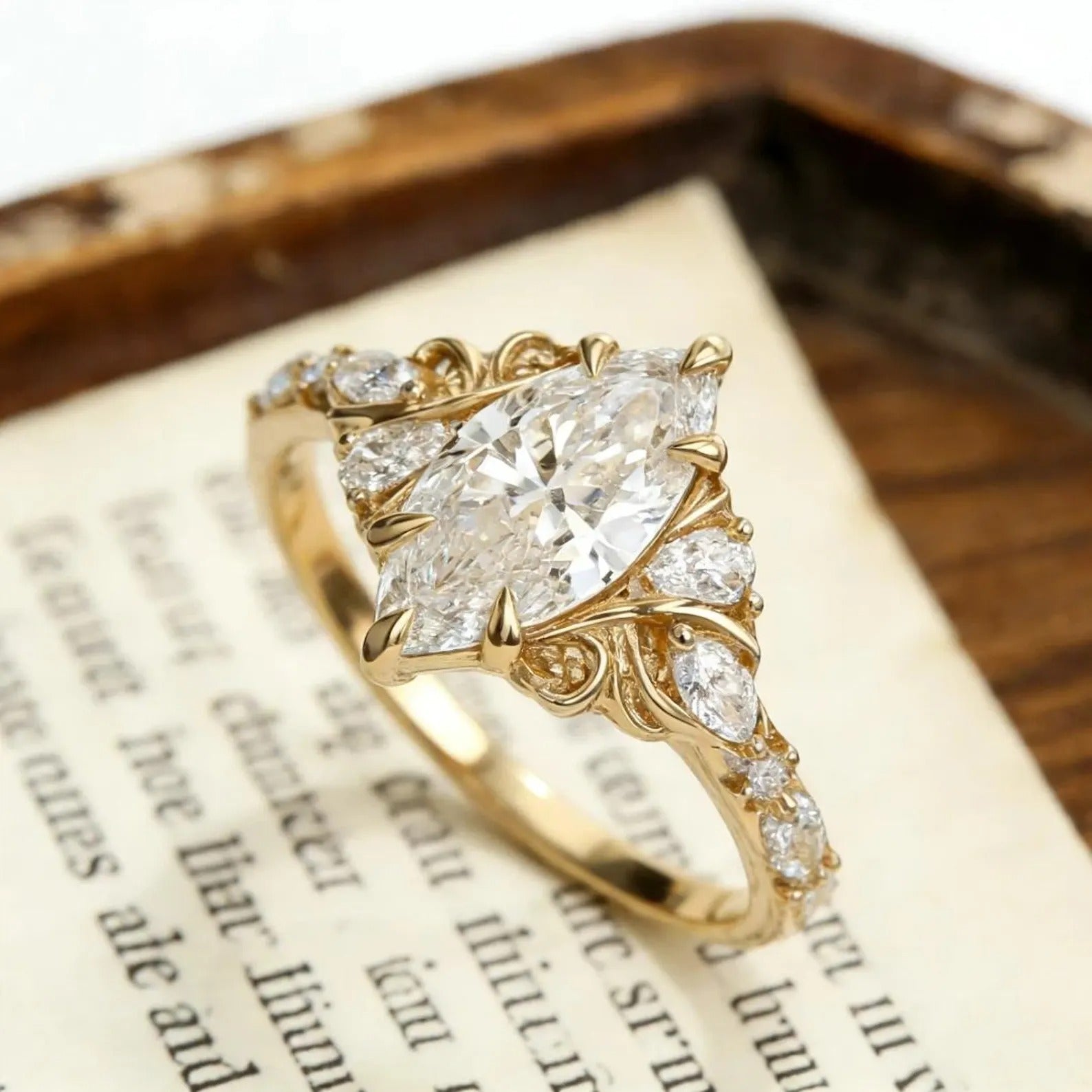 Marquise Moissanite Engagement Ring Gold Vintage Filigree Ring Antique Scroll Wedding Ring Unique Bridal Ring