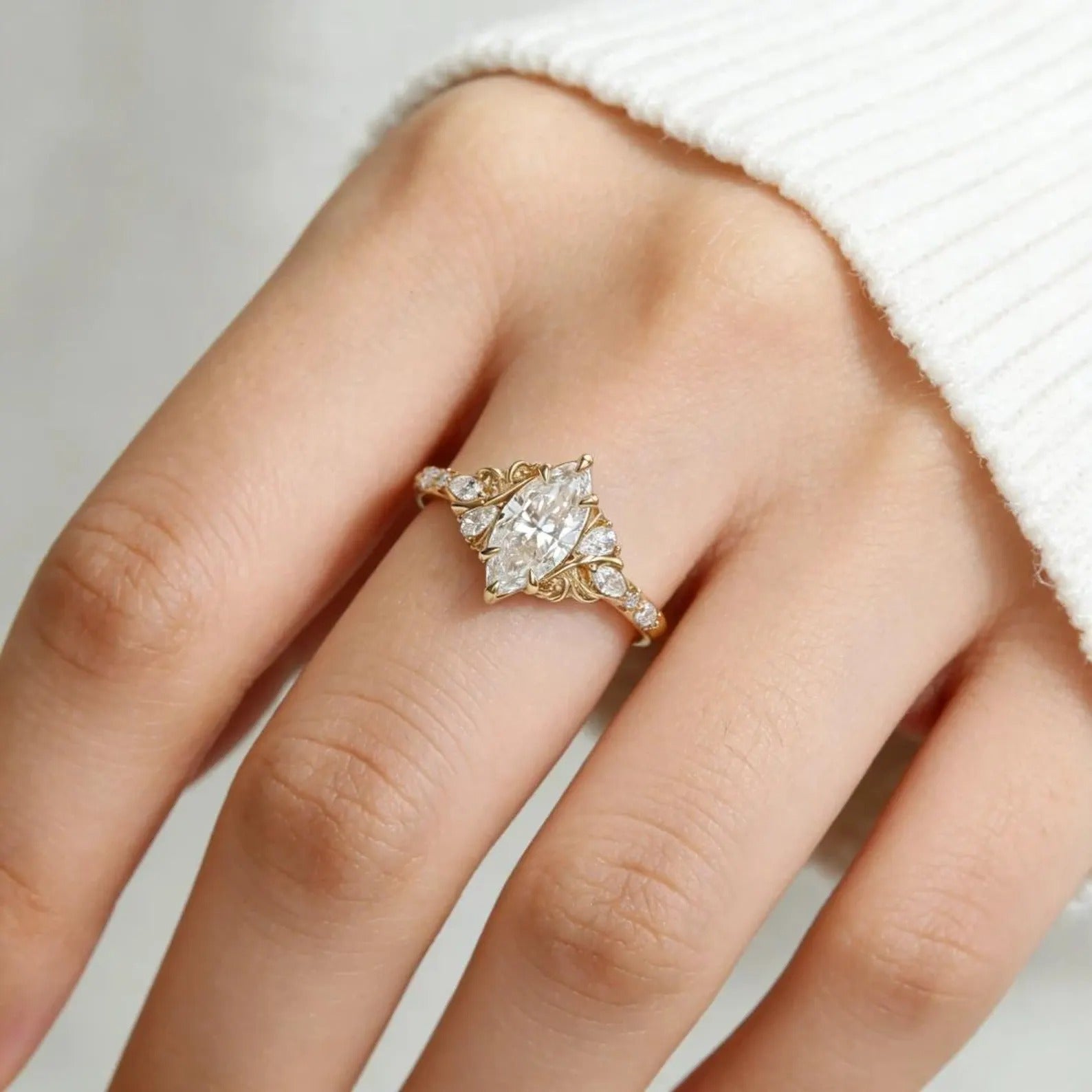 Marquise Moissanite Engagement Ring Gold Vintage Filigree Ring Antique Scroll Wedding Ring Unique Bridal Ring