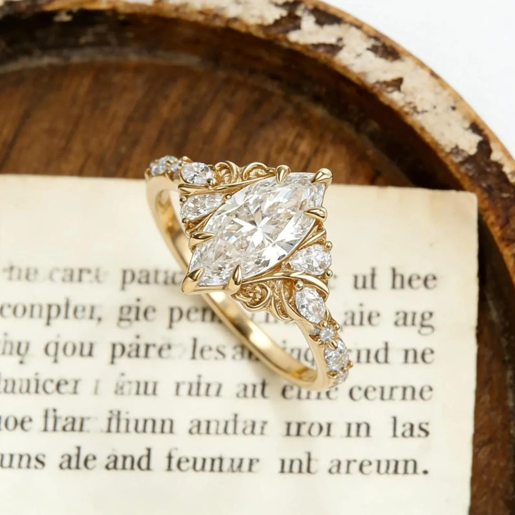 Marquise Moissanite Engagement Ring Gold Vintage Filigree Ring Antique Scroll Wedding Ring Unique Bridal Ring