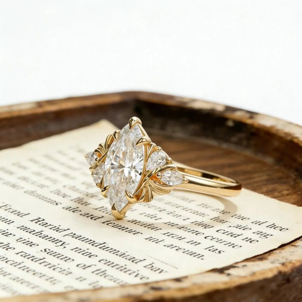 Marquise Moissanite Engagement Ring Gold Floral Cluster Ring Pear Side Stone Vintage Wedding Promise Ring for Women