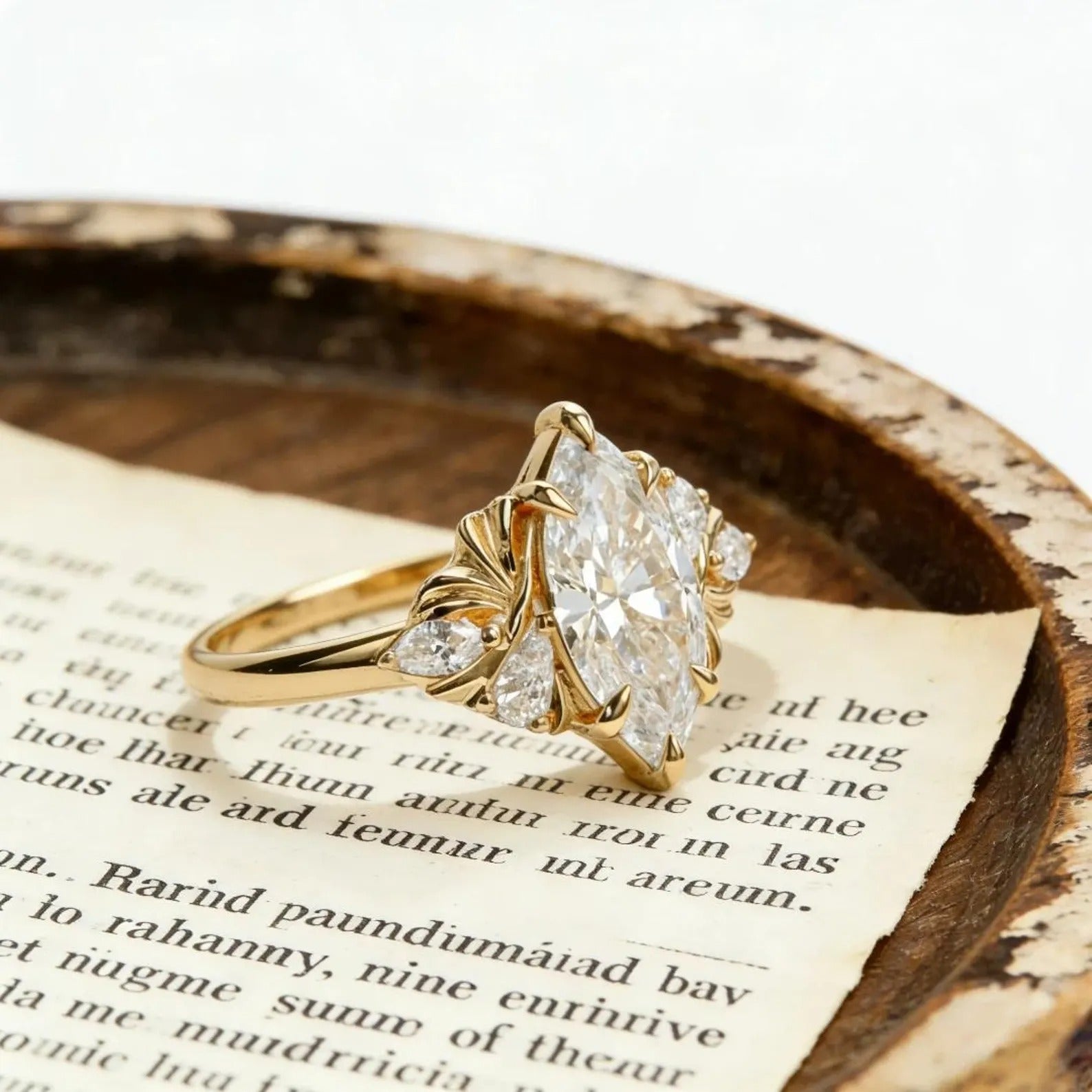 Marquise Moissanite Engagement Ring Gold Floral Cluster Ring Pear Side Stone Vintage Wedding Promise Ring for Women