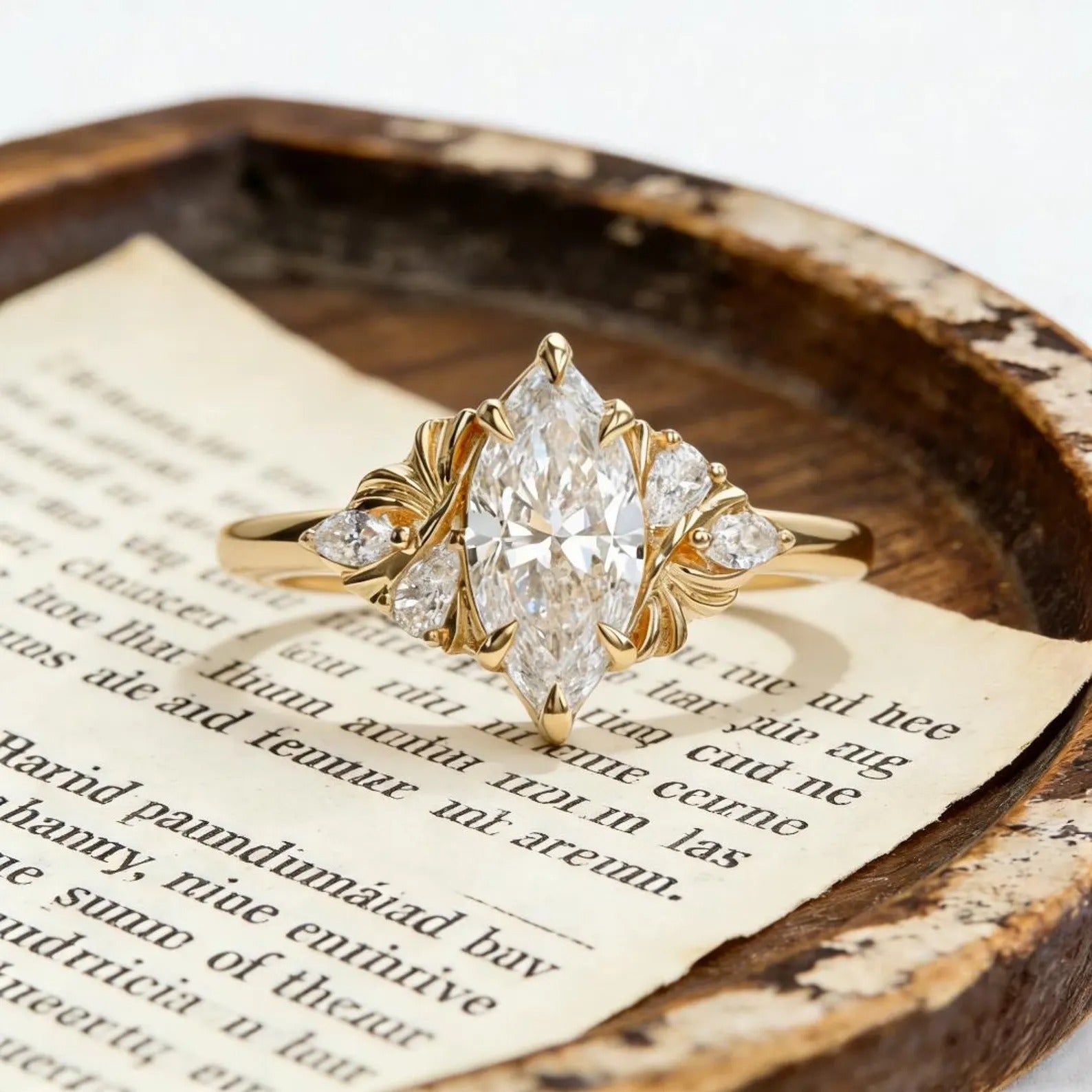 Marquise Moissanite Engagement Ring Gold Floral Cluster Ring Pear Side Stone Vintage Wedding Promise Ring for Women Main image