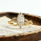 Marquise Moissanite Engagement Ring, Leaf Vine Twisted Band Ring, Unique Gold Wedding Ring, Nature Inspired Promise Ring