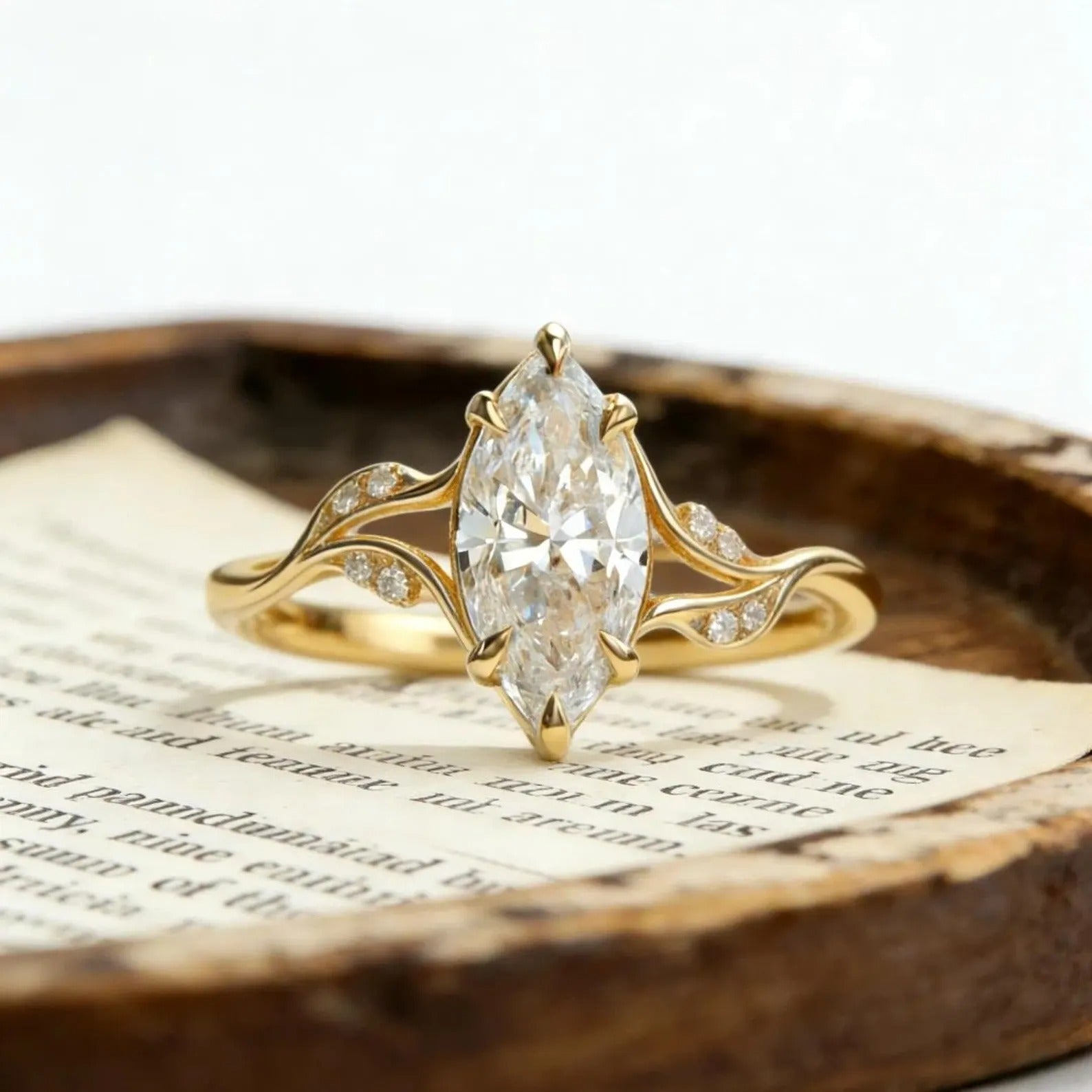 Marquise Moissanite Engagement Ring, Leaf Vine Twisted Band Ring, Unique Gold Wedding Ring, Nature Inspired Promise Ring