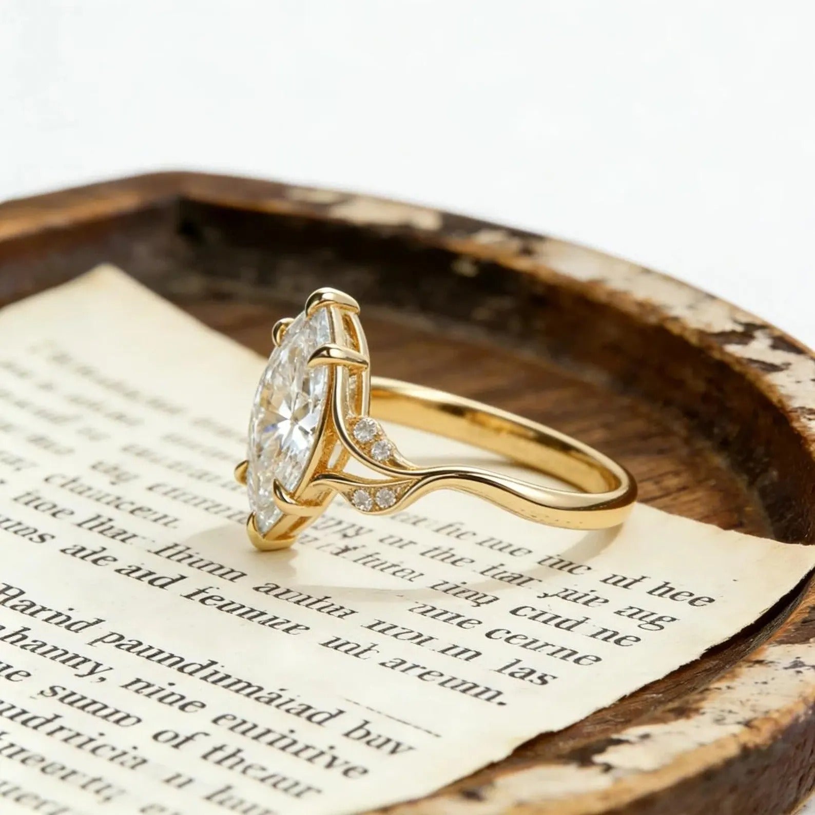 Marquise Moissanite Engagement Ring, Leaf Vine Twisted Band Ring, Unique Gold Wedding Ring, Nature Inspired Promise Ring