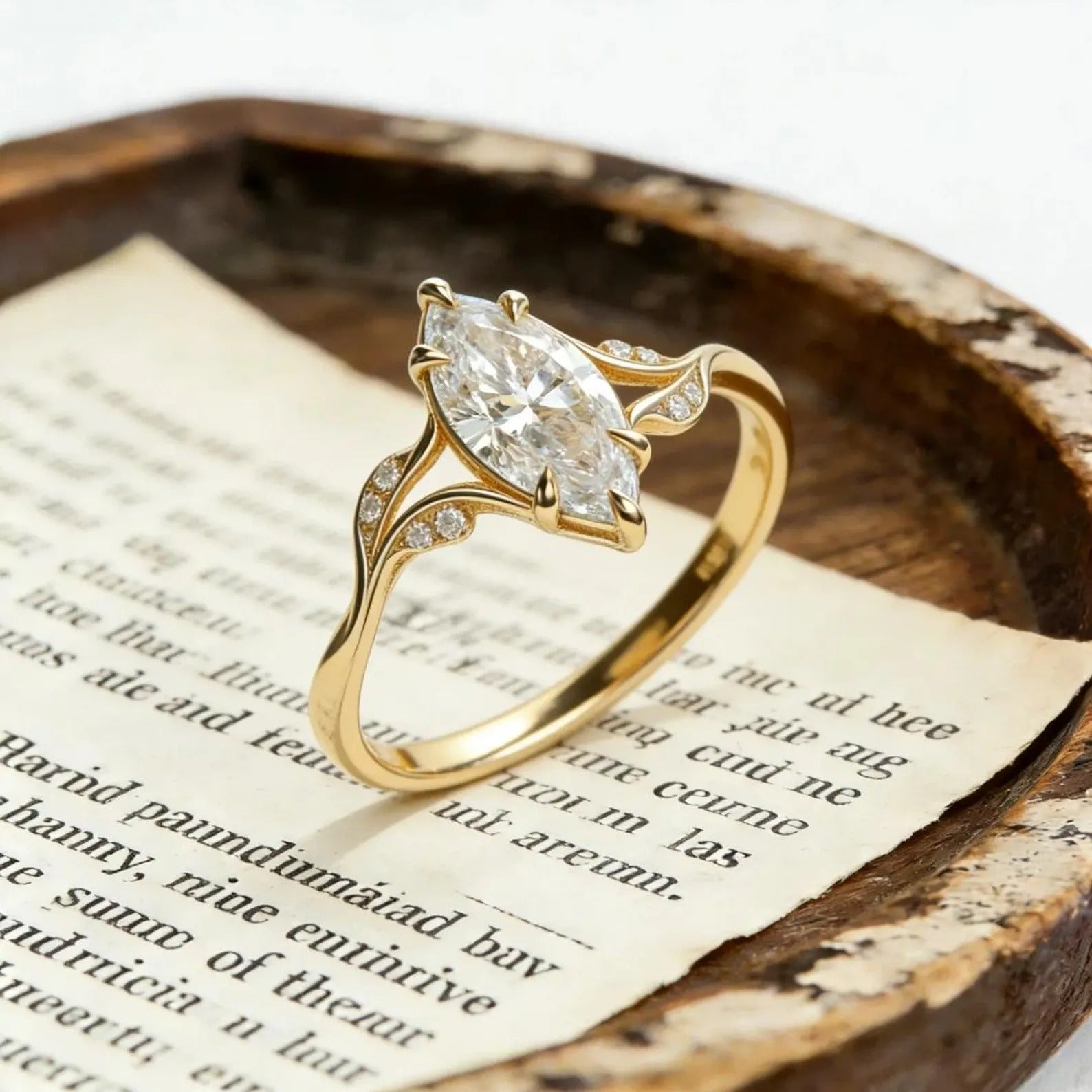 Marquise Moissanite Engagement Ring, Leaf Vine Twisted Band Ring, Unique Gold Wedding Ring, Nature Inspired Promise Ring