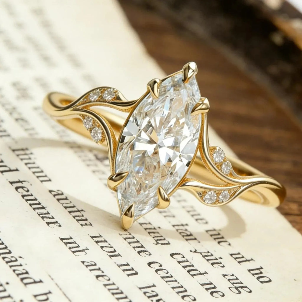 Marquise Moissanite Engagement Ring, Leaf Vine Twisted Band Ring, Unique Gold Wedding Ring, Nature Inspired Promise Ring