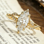 Marquise Moissanite Engagement Ring, Leaf Vine Twisted Band Ring, Unique Gold Wedding Ring, Nature Inspired Promise Ring