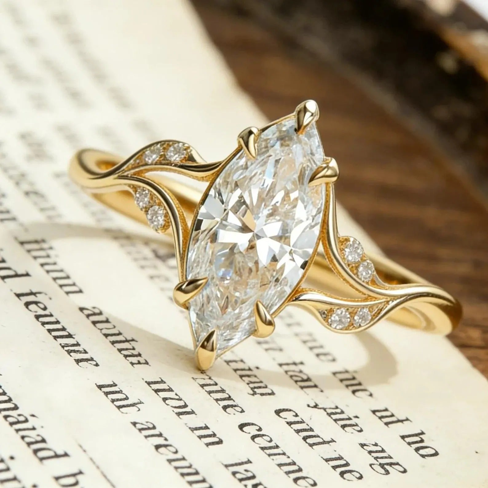 Marquise Moissanite Engagement Ring, Leaf Vine Twisted Band Ring, Unique Gold Wedding Ring, Nature Inspired Promise Ring