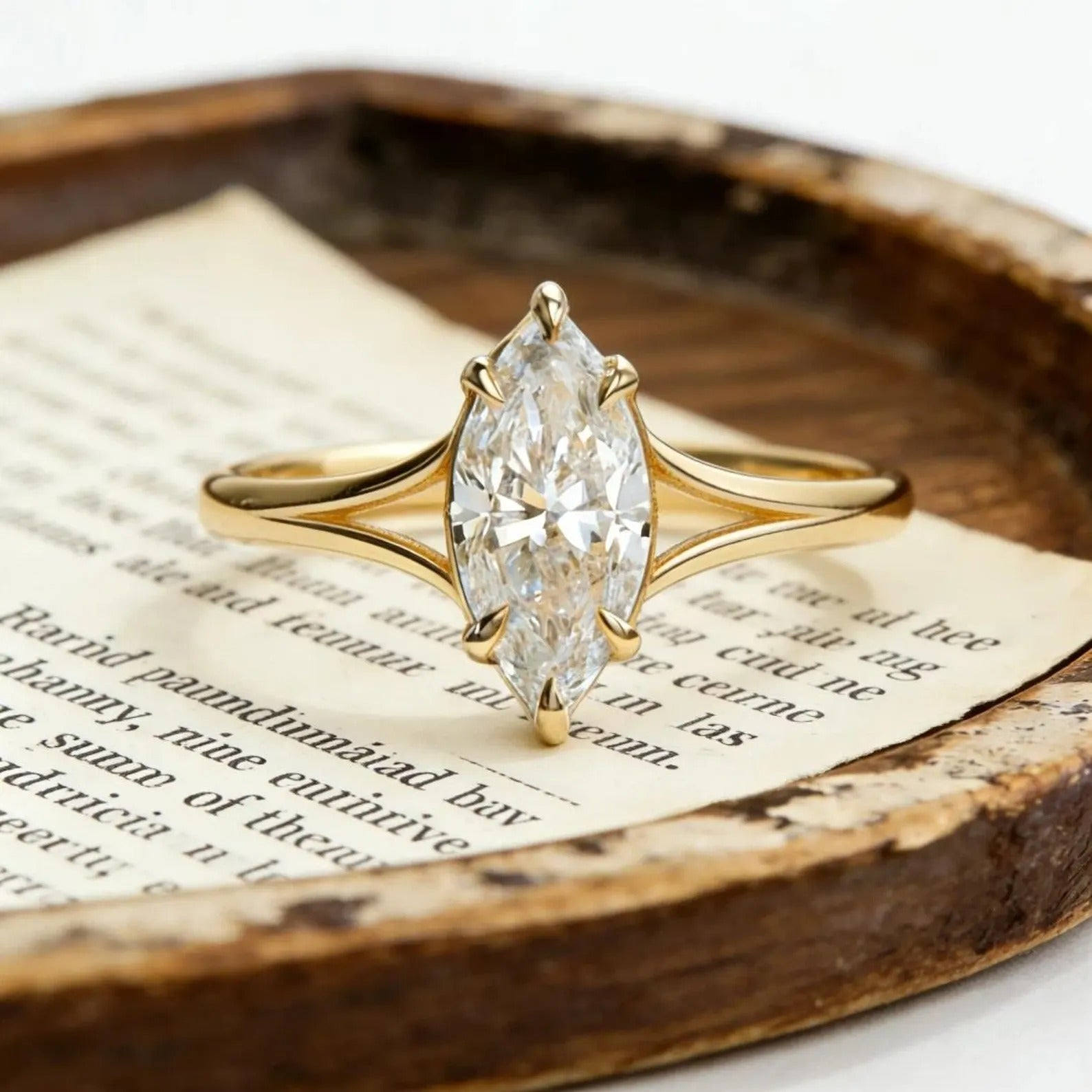 Marquise Moissanite Engagement Ring, Minimalist Split Shank Ring, Gold Solitaire Wedding Ring, Elegant Promise Ring for Women Main image