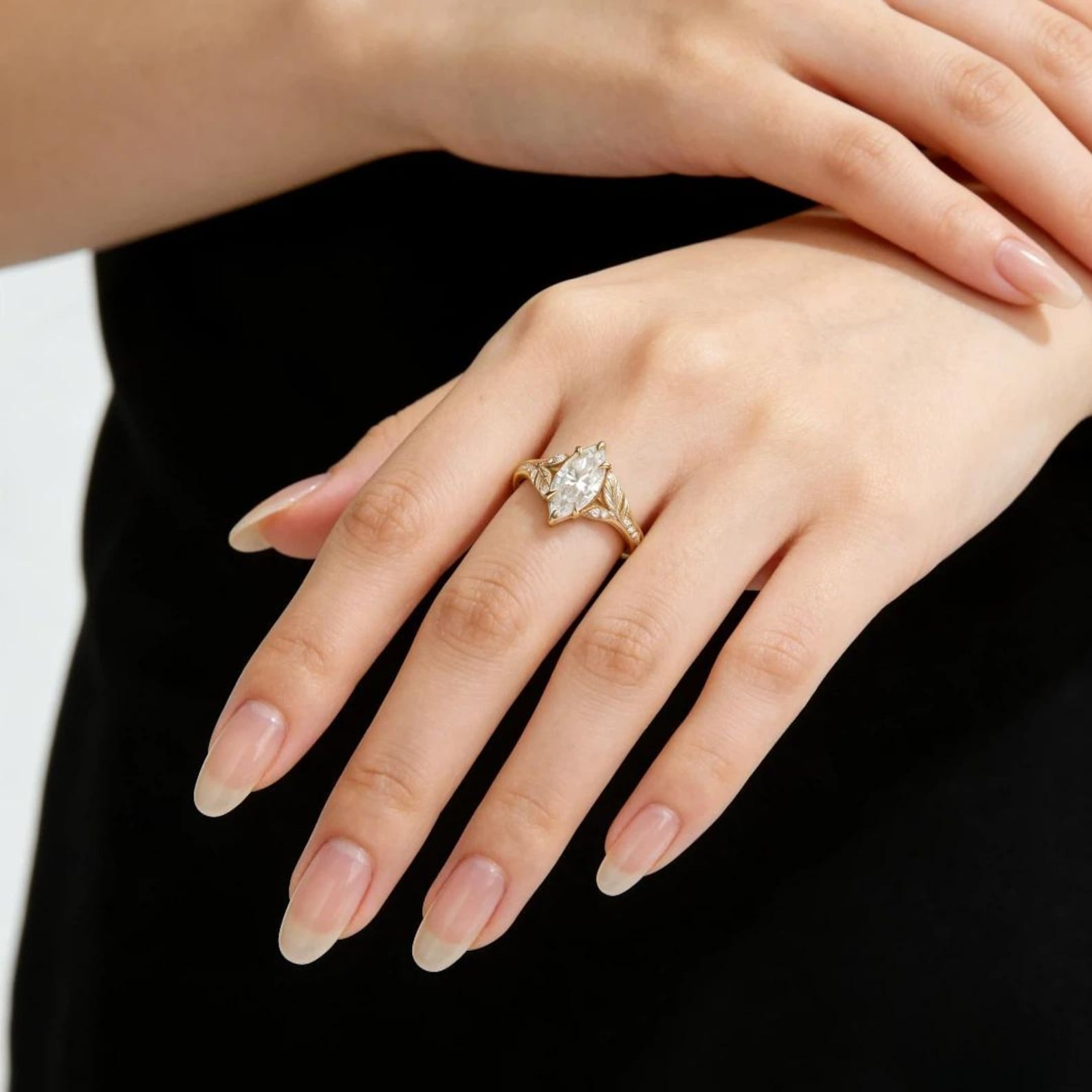 Marquise Moissanite Engagement Ring, Leaf Vine Diamond Ring, Nature Inspired Gold Wedding Ring, Unique Promise Ring for Women