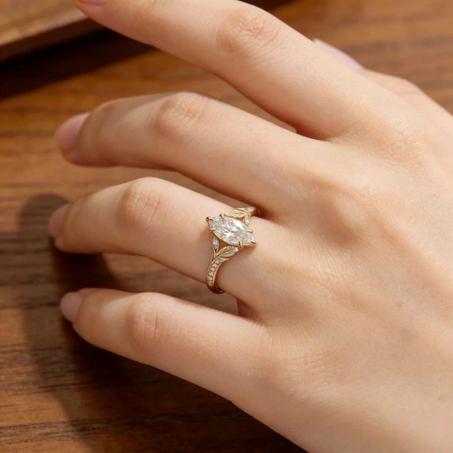 Marquise Moissanite Engagement Ring, Leaf Vine Diamond Ring, Nature Inspired Gold Wedding Ring, Unique Promise Ring for Women