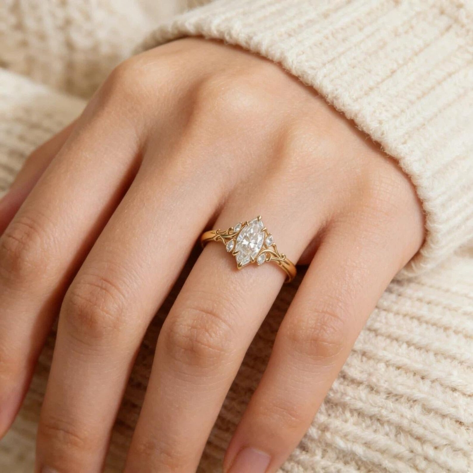 Marquise Moissanite Engagement Ring, Vintage Filigree Scroll Ring, Antique Style Gold Wedding Ring, Unique Promise Ring for Women Secondary image