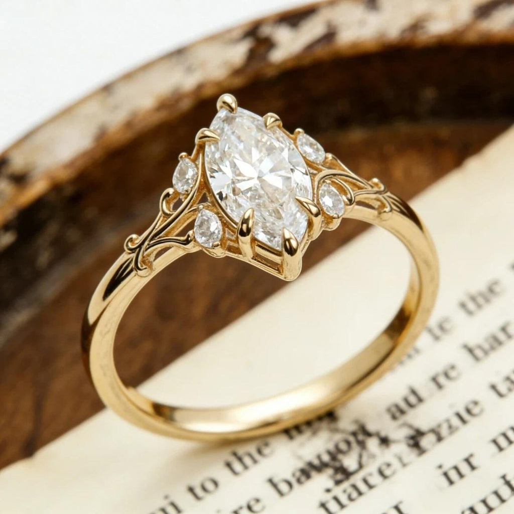Marquise Moissanite Engagement Ring, Vintage Filigree Scroll Ring, Antique Style Gold Wedding Ring, Unique Promise Ring for Women