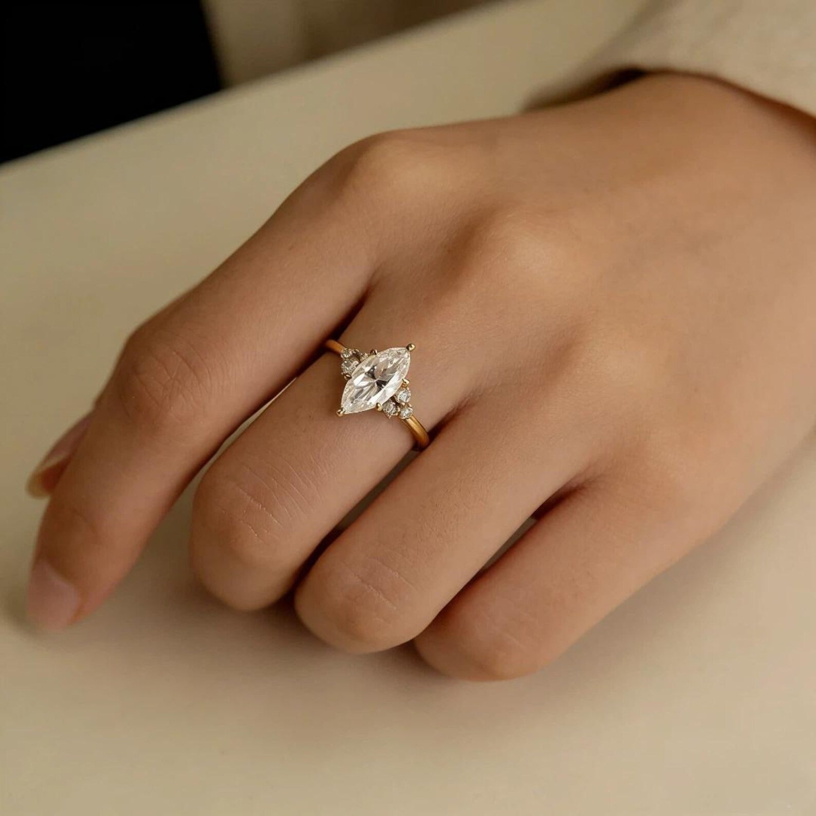 Marquise Moissanite Engagement Ring, Solitaire Ring with Cluster Side Stones, Gold Wedding Ring, Elegant Promise Ring for Women