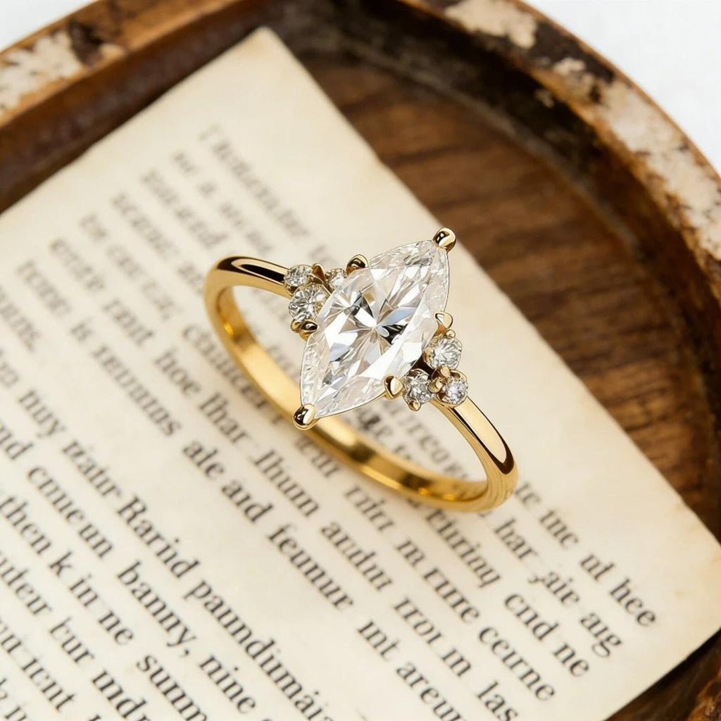 Marquise Moissanite Engagement Ring, Solitaire Ring with Cluster Side Stones, Gold Wedding Ring, Elegant Promise Ring for Women