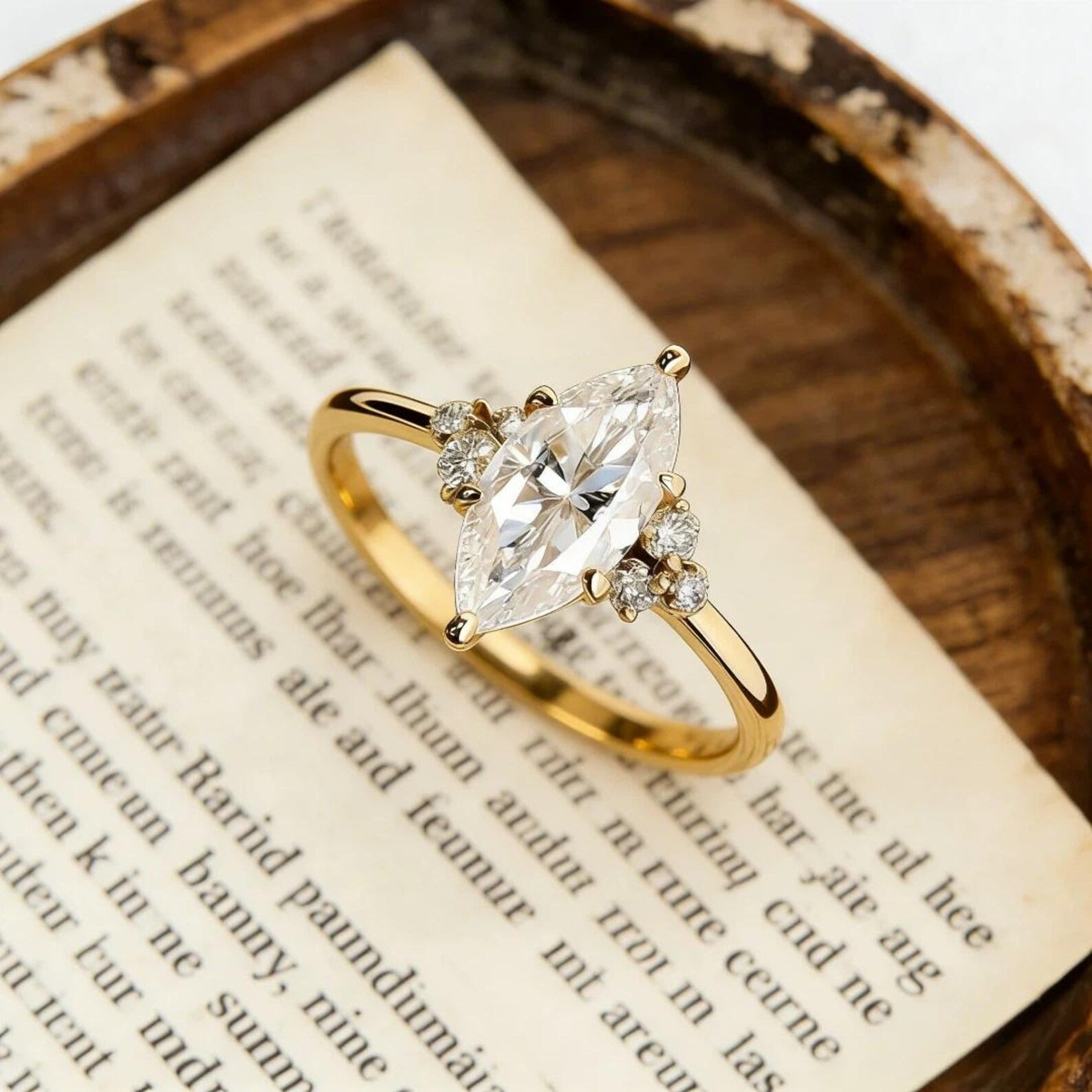 Marquise Moissanite Engagement Ring, Solitaire Ring with Cluster Side Stones, Gold Wedding Ring, Elegant Promise Ring for Women
