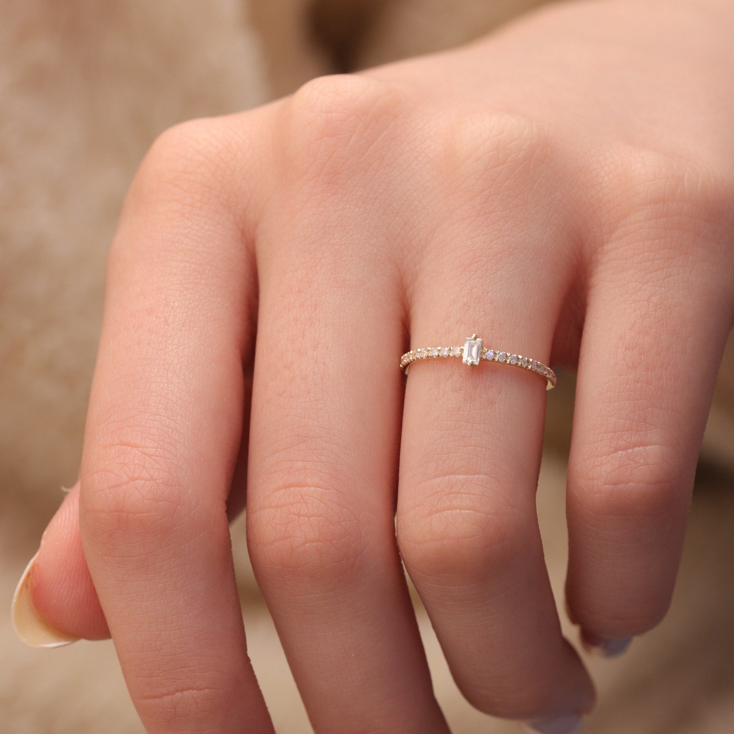 0.03 CT Baguette & Round Moissanite Minimalist Ring for Women