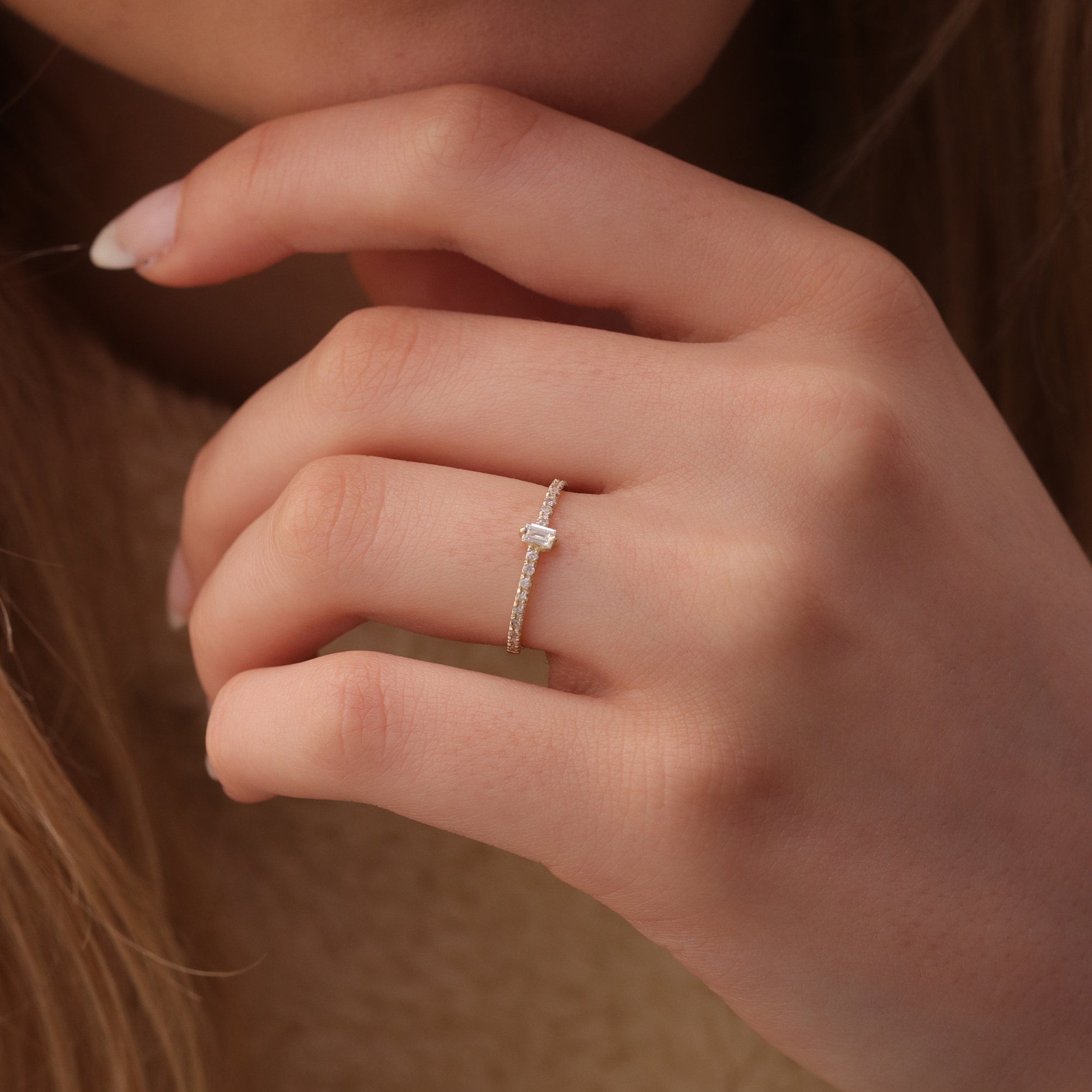 0.03 CT Baguette & Round Moissanite Minimalist Ring for Women