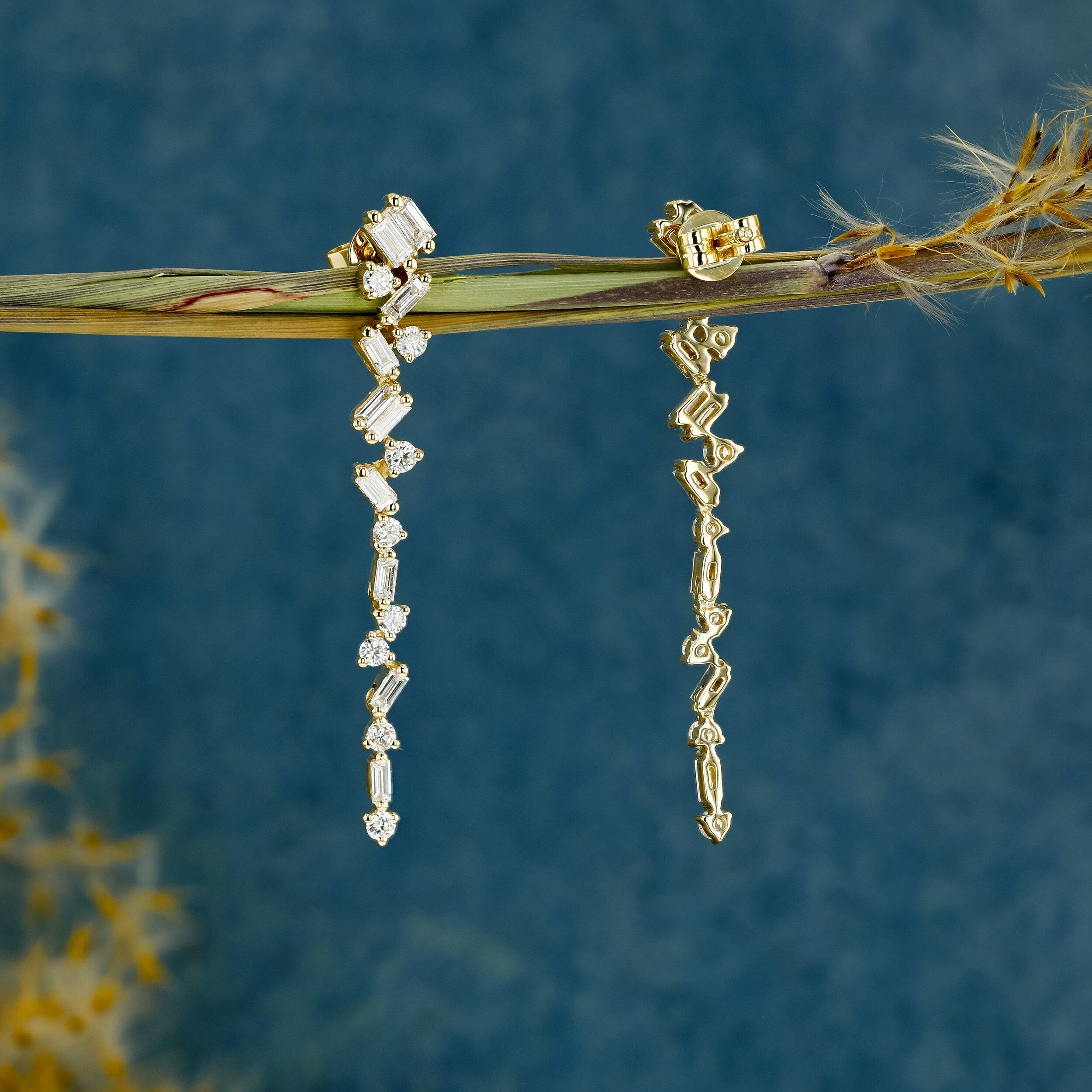 0.77 TCW Round & Baguette Moissanite Diamond Dangle Droop Earrings