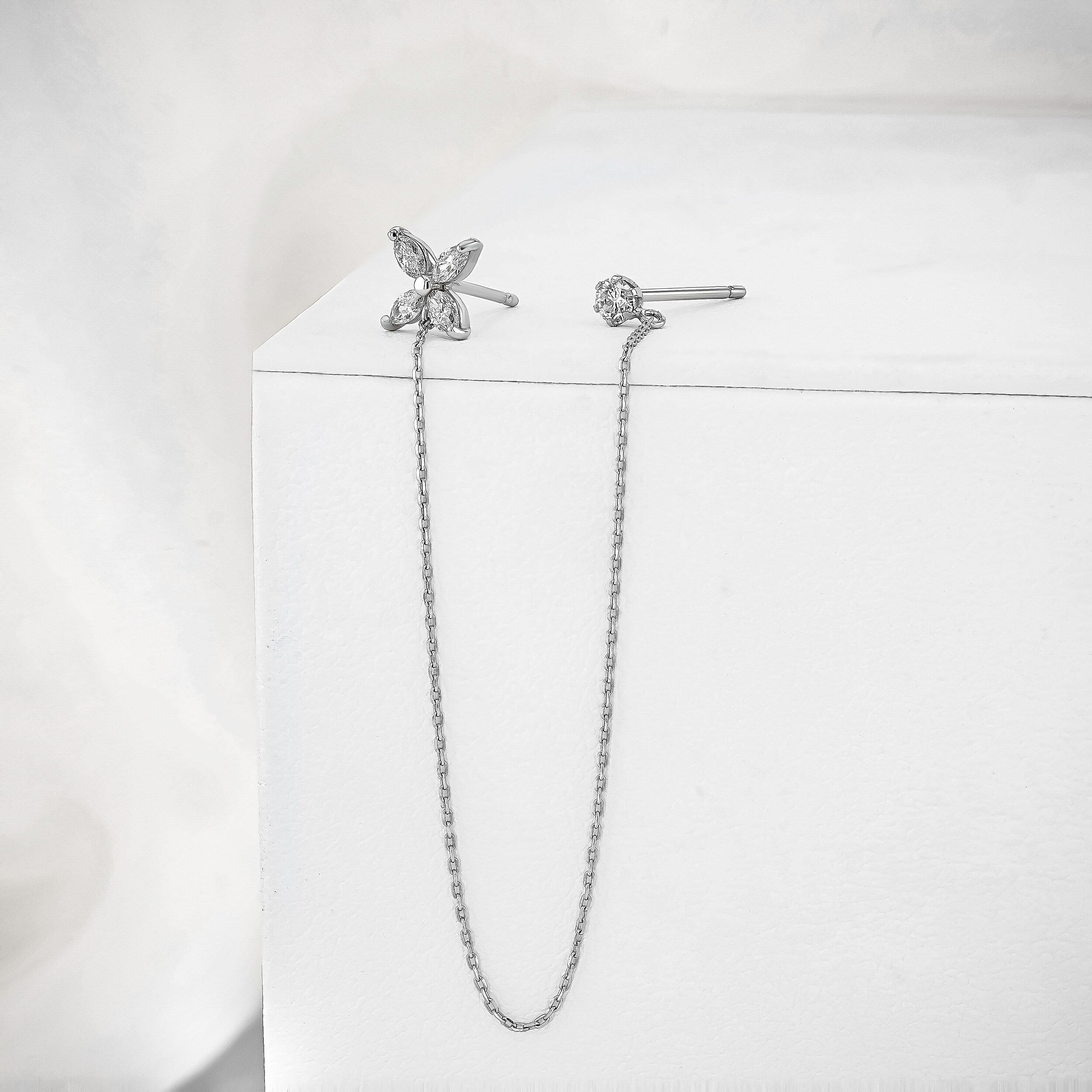 0.28 TCW Round & Marquise Moissanite Diamond Dual Piercing Chain Earrings