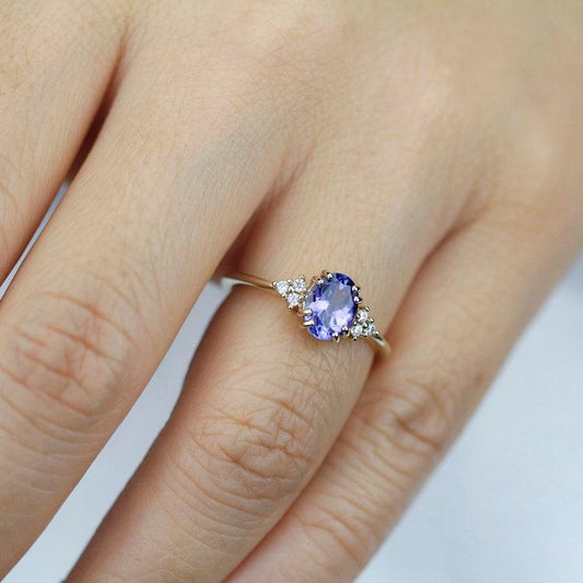 Oval Tanzanite and diamond engagement ring, simple oval engagement ring