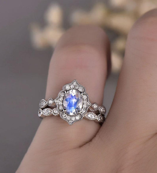 Vintage Moonstone Engagement Ring Set | Rainbow Moonstone Ring Art Deco Wedding Band