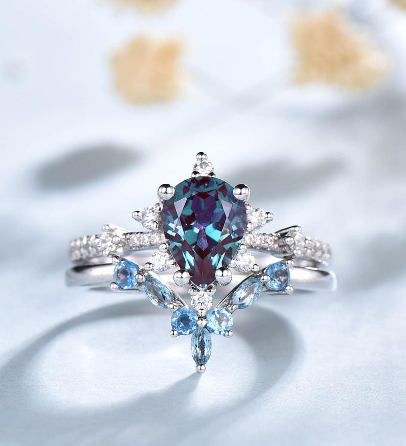 Vintage Alexandrite Engagement Ring, Pear Shaped Bridal Set & V Curved Blue Topaz Stacking Ring in White Gold