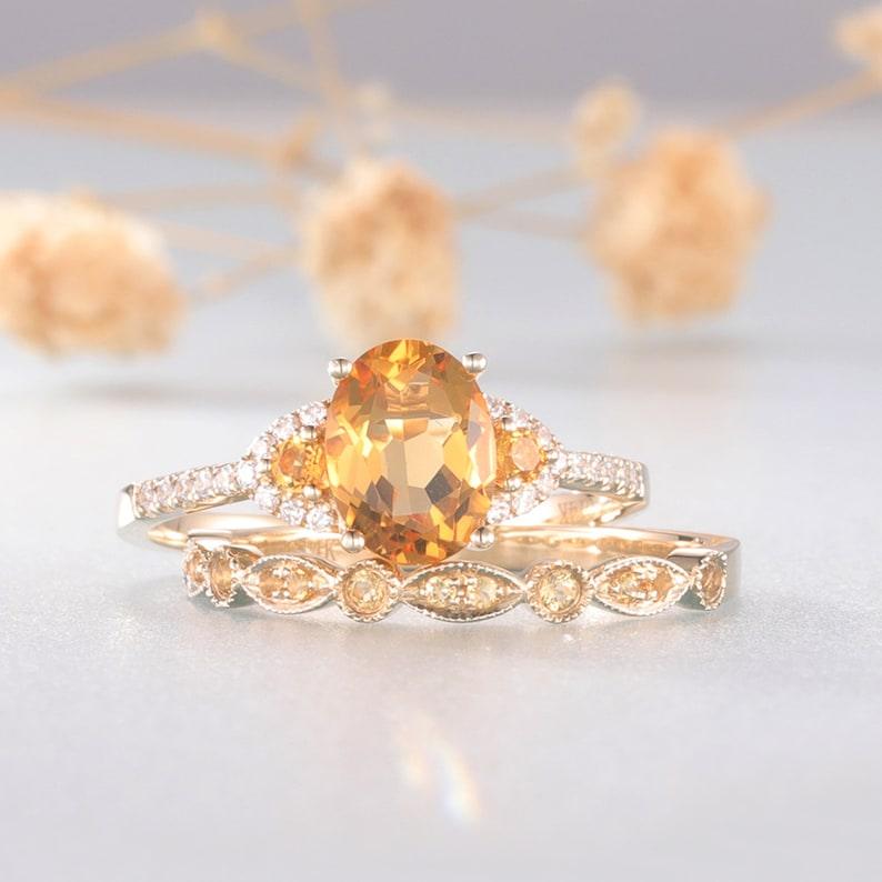 Natural Yellow Citrine Ring | Art Deco Citrine Engagement & November Birthstone Ring for Women