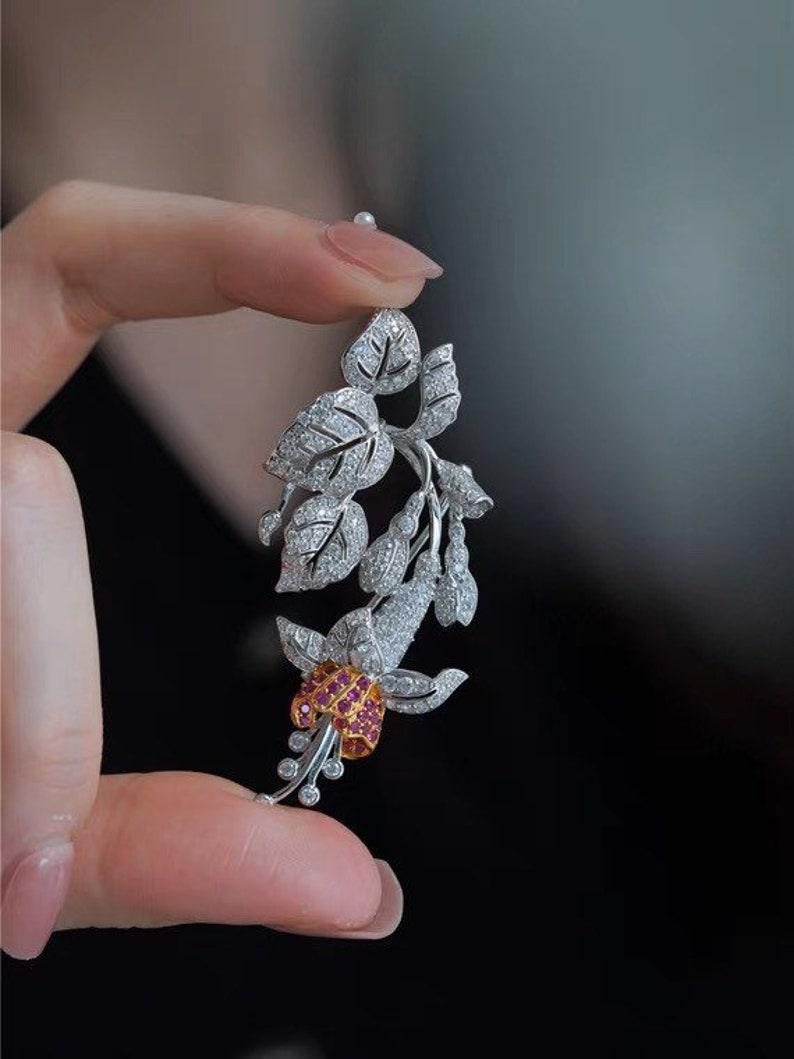 Moissanite diamond floral antique brooch