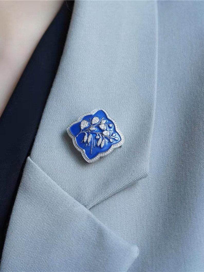 Blue enamel with moissanite diamond brooch