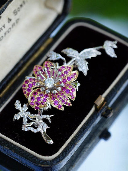 floral and leaves with white and pink diamond brooch