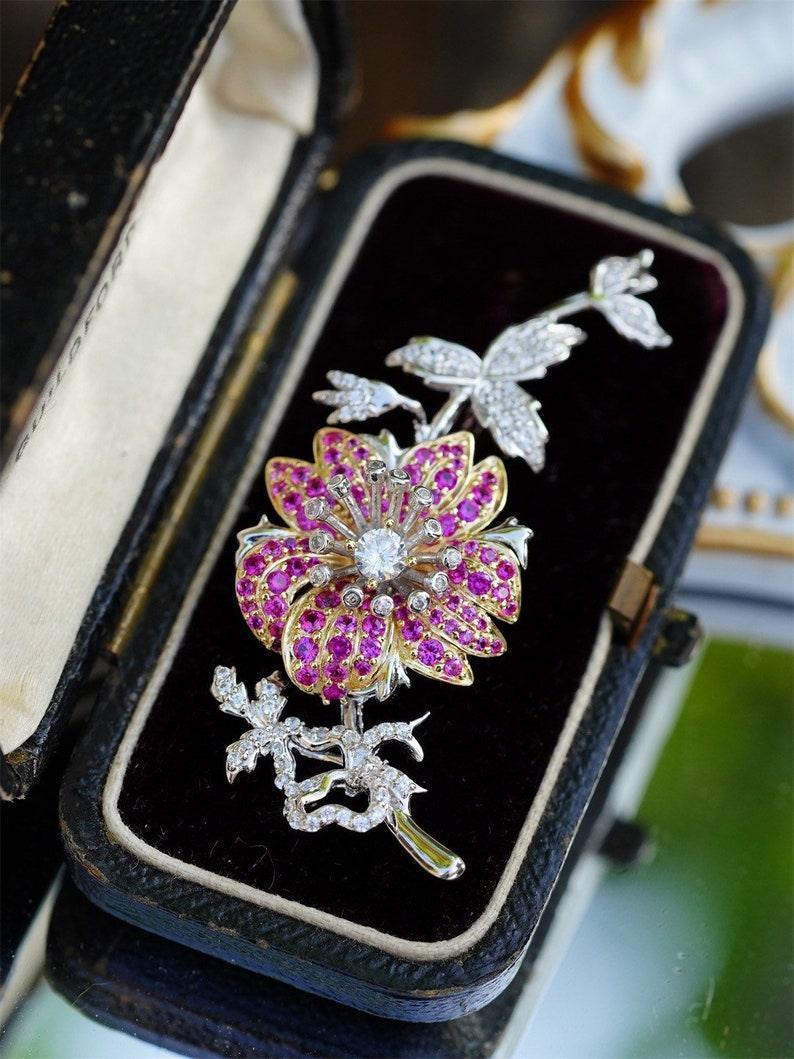 floral and leaves with white and pink diamond brooch