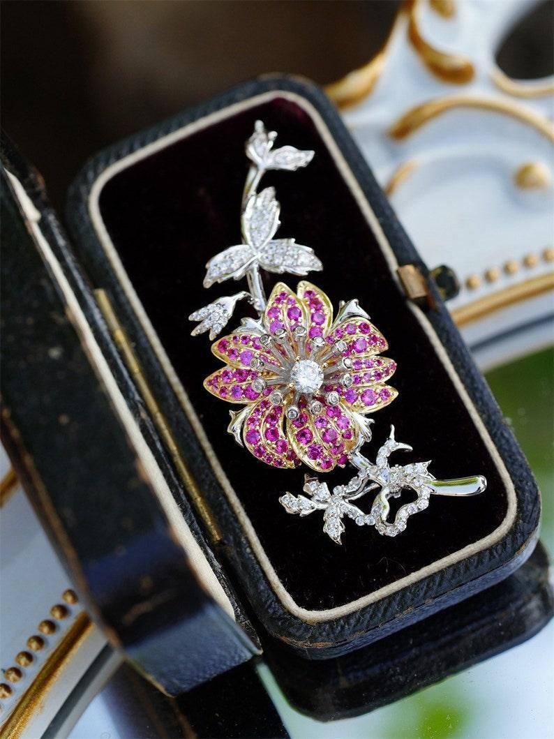 floral and leaves with white and pink diamond brooch