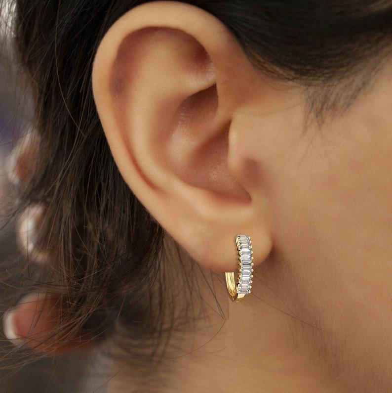 excellent baguette Diamond Huggie hoop Earrings