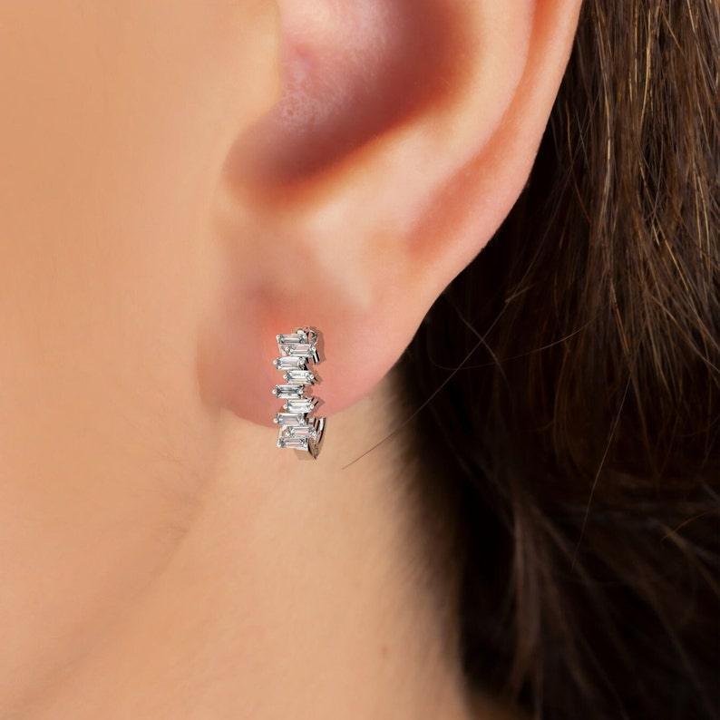 White Baguette Diamond Huggie hoop Earrings