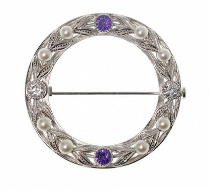 diamond and pearl round design retro brooch