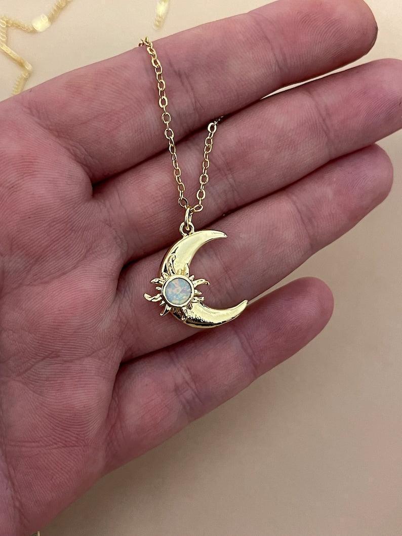 opal moon Crescent Moon and sun Necklace