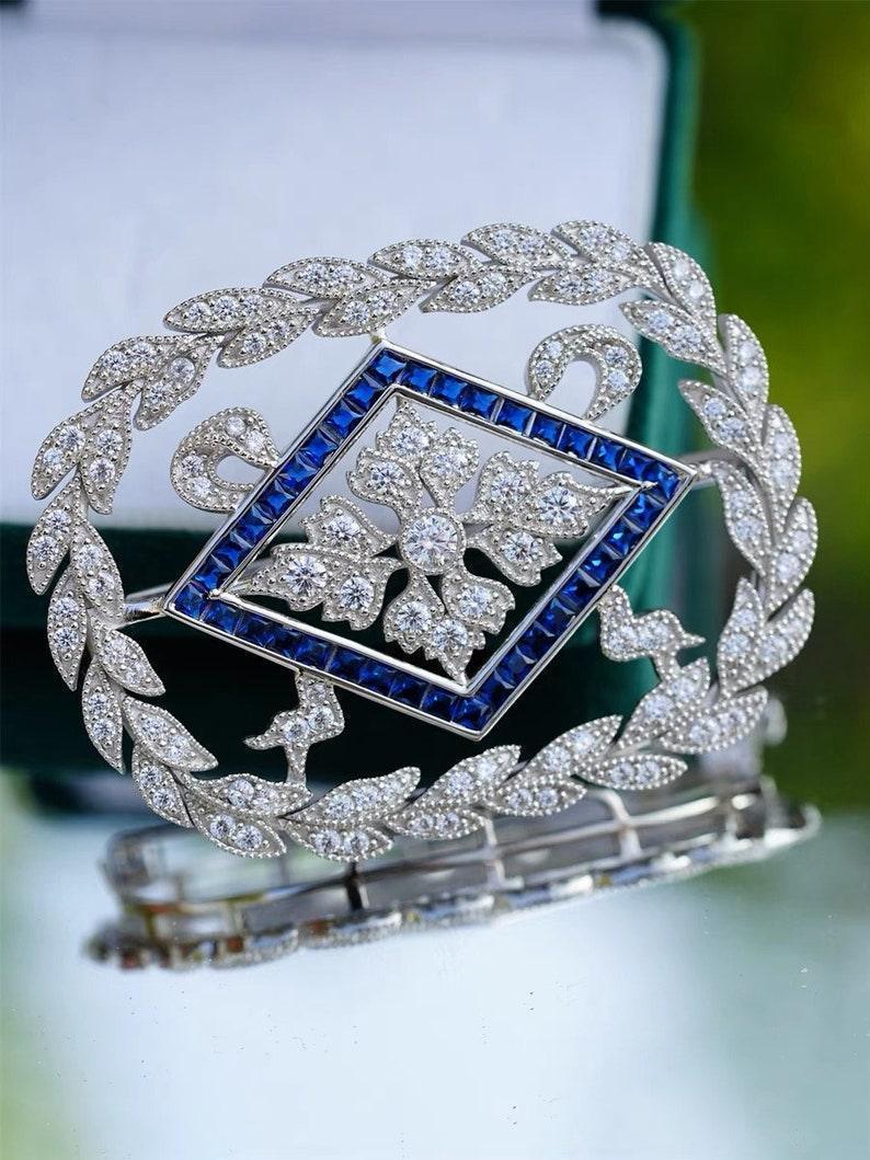 Art Deco Floral white and blue diamond brooch