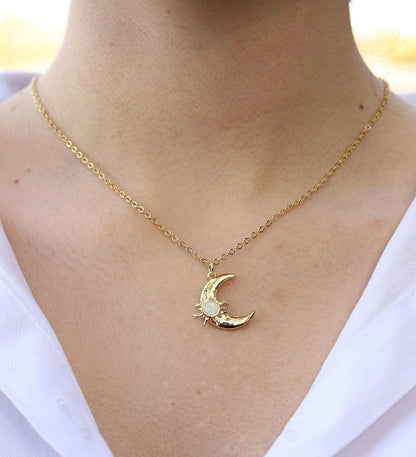 opal moon Crescent Moon and sun Necklace